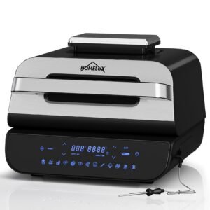 HOMELUX Heißluftfritteuse & Grill 6-in-1 Heißluftfritteuse mit Kontaktgrill Plate, Digitalem Temperaturfühler, Touch-Steuerung, Max 230℃, 1700W