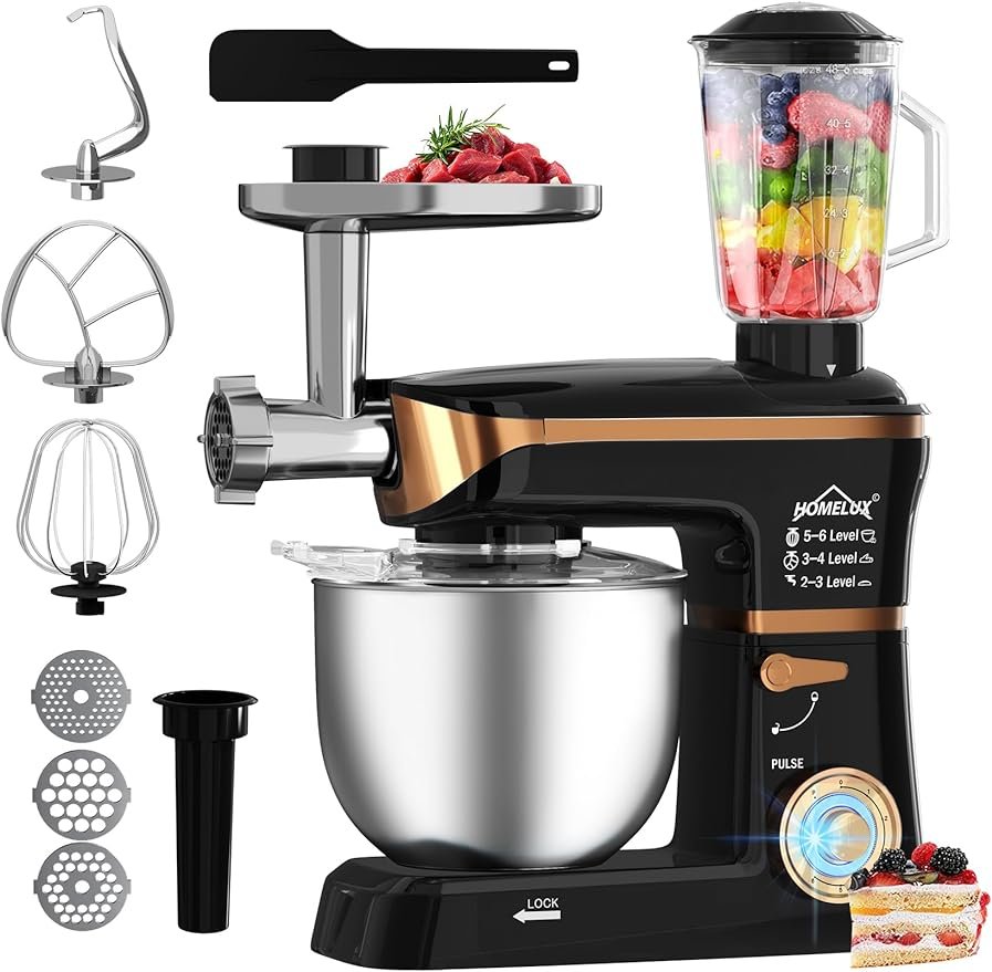 HOMELUX 3-in-1 Küchenmaschine 6L / 5L Fleischwolf, Knetmaschine, 6-stufiger Mixer, 1.5L Saftpresse, Edelstahlschüssel