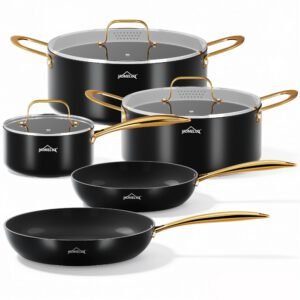HOMELUX 8-teiliges Induktions-Topfset mit Glasdeckel Kochtöpfe und Pfannen für alle Herdarten in Schwarz
