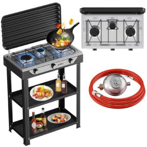 HOMELUX 3-flammiger 5,4 kW Gaskocher Camping Gaskocher mit Regalen mit 1,5 m Anschlussschlauch und 50 mbar Druckminderer