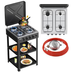 HOMELUX 4-flammiger Camping Gaskocher mit Regalen 6,2 kW Gaskocher mit 1,5 m Anschlussschlauch und 50 mbar Druckminderer