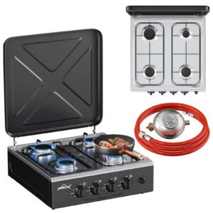 HOMELUX 4-flammiger Camping Gaskocher 6,2 kW Outdoor Kocher mit 1,5 m Anschlussschlauch & 50 mbar Druckminderer