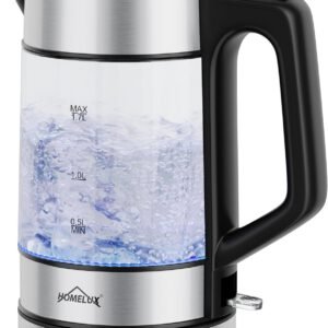 HOMELUX 1,7L Glaswasserkocher mit blauer LED, 2200W, Borosilikatglas, Edelstahl, BPA-frei, Automatische Abschaltung & Trockengehschutz