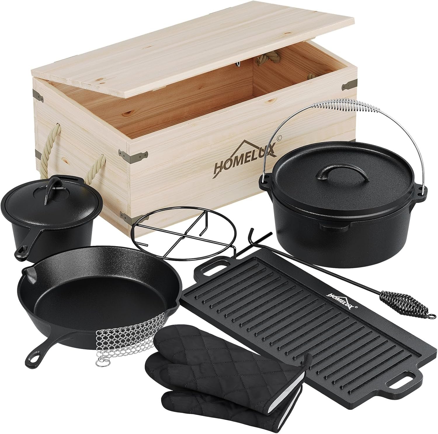 HOMELUX Dutch Oven Set aus Gusseisen, 10-teilig in Holzkiste – 4,5L Topf, 3,6L Saucier inkl. Pfanne, Grillplatte & Zubehör