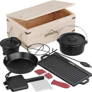 HOMELUX Gusseisen 12-teiliges Dutch Oven Set in Holzkiste – 4,5L Topf, 3,6L Saucier, Grillplatte, Bratpfanne & Komplettes Zubehör