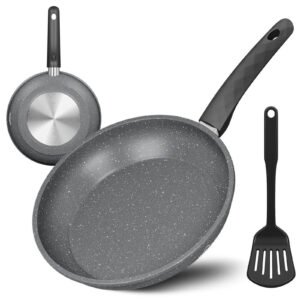Bratpfanne 28 cm mit Spatel, beschichtete Pfanne mit Marmorbeschichtung, Induktion geeignet, hitzebeständig bis 230°C