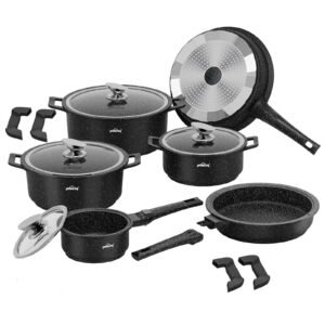 HOMELUX Kochgeschirr-Set 10-teilig, induktionsgeeignetes stapelbares Topfset für alle Herdarten, backofengeeignet, schwarz