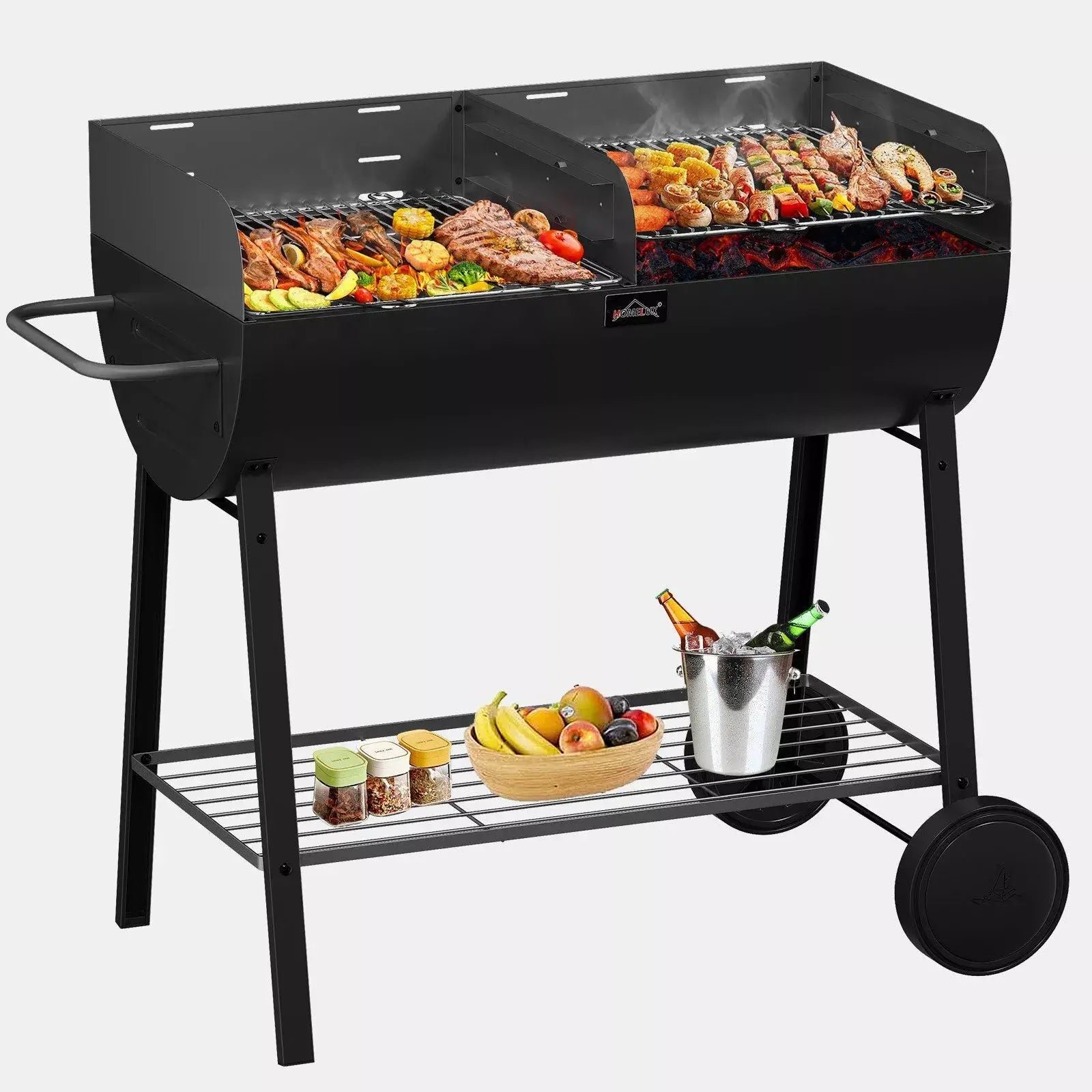 HOMELUX XXL Holzkohlegrill Mobiler Grillwagen mit 2 Grillflächen, höhenverstellbar, aus robustem Stahl mit Ablage