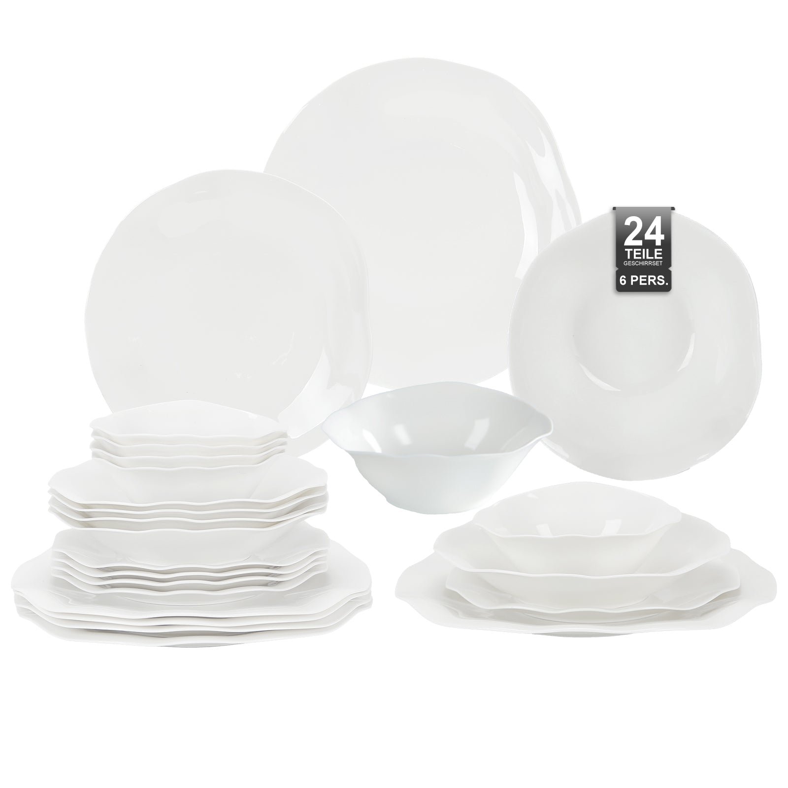 24-teiliges Keramik-Tafelgeschirr-Set für 6 Personen in elegantem Wellendesign, spülmaschinen- und mikrowellengeeignet