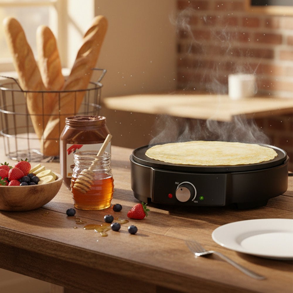 HOMELUX Crêpe Maker 1200W Vielseitig & effizient! Stufenlose Temperaturregelung, Antihaftbeschichtung, praktisches Zubehör, einfache Reinigung